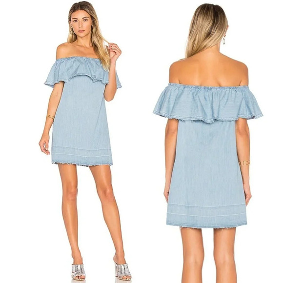 7 For All Mankind Blue Off The Shoulder Shift Pullover Mini Dress Size Small - Picture 1 of 8